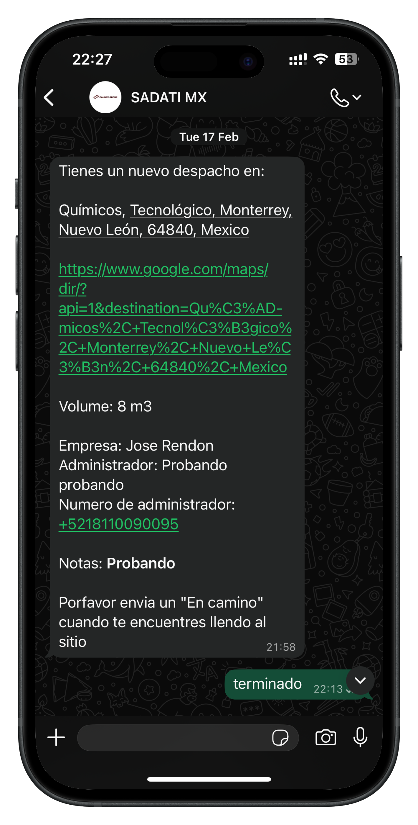 WhatsApp interface showing delivery notifications and tracking